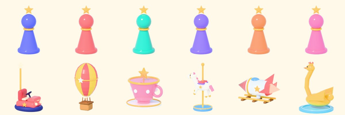 The twelve board pieces: six pawns in blue, coral, teal, purple, orange and pink, a bumper car, a hot-air balloon, a spinning teacup, a carousel horse, a rocket car and a golden swan