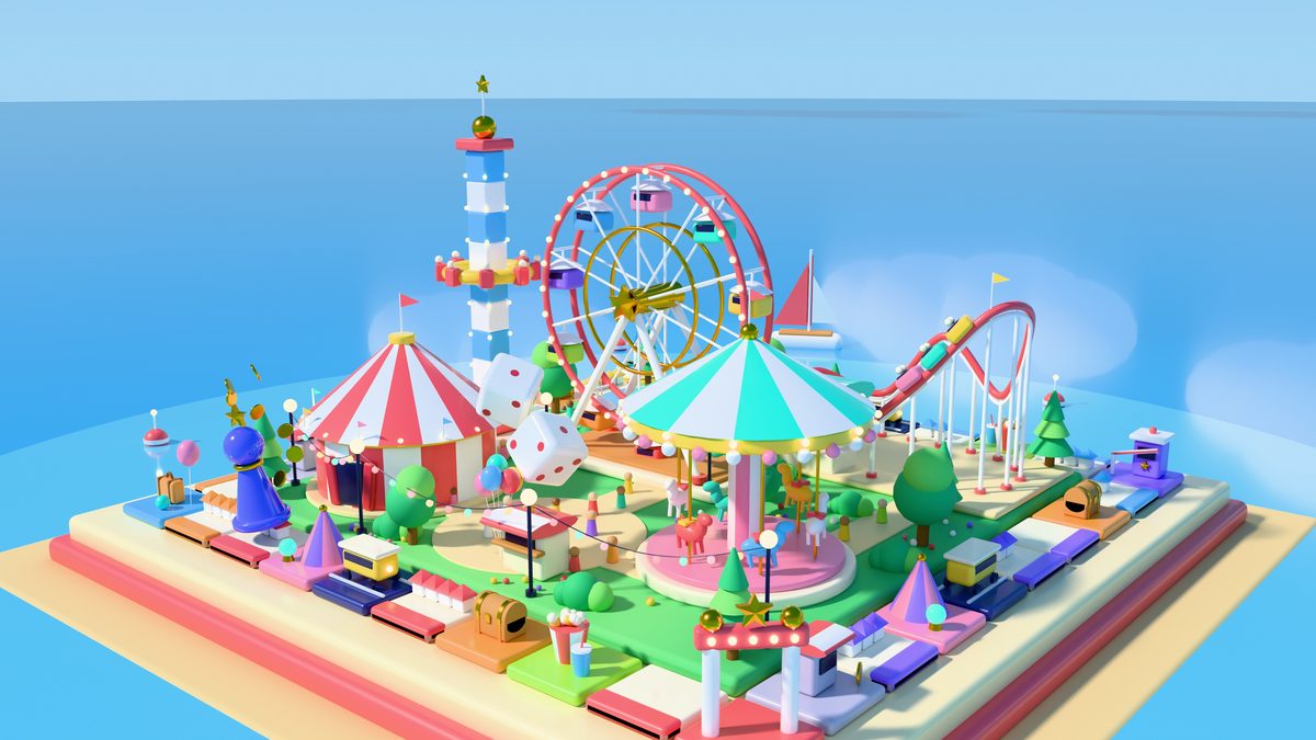 Sunny Pier, a toy-like theme park on a board of colourful spaces by the sea