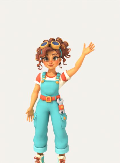 Pippa, a cheerful mechanic with curly hair, goggles on her head and teal overalls, waving