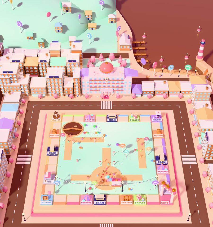 Candy Town from above: the board in a town of gingerbread houses with icing roofs