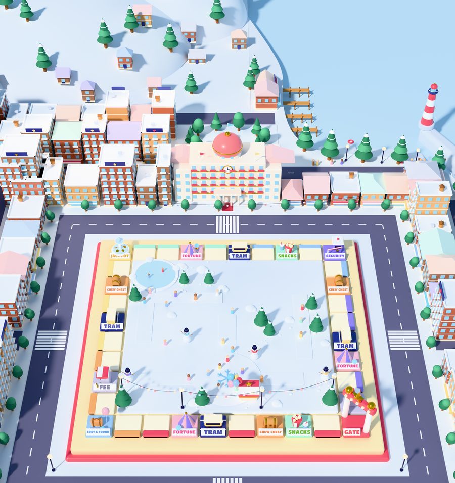 Frosty Peaks from above: the same board, snowy, with a frozen pond and snowmen, inside a snow-covered town with pine trees and a frozen bay