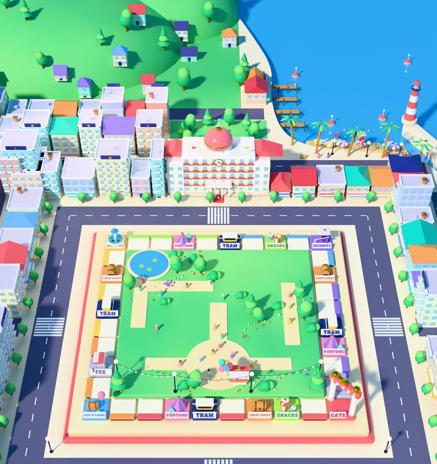Sunny Pier from above: the board with empty ride lots inside a ring road, a seaside town with a town hall, green hills behind and a bay with jetties and a lighthouse