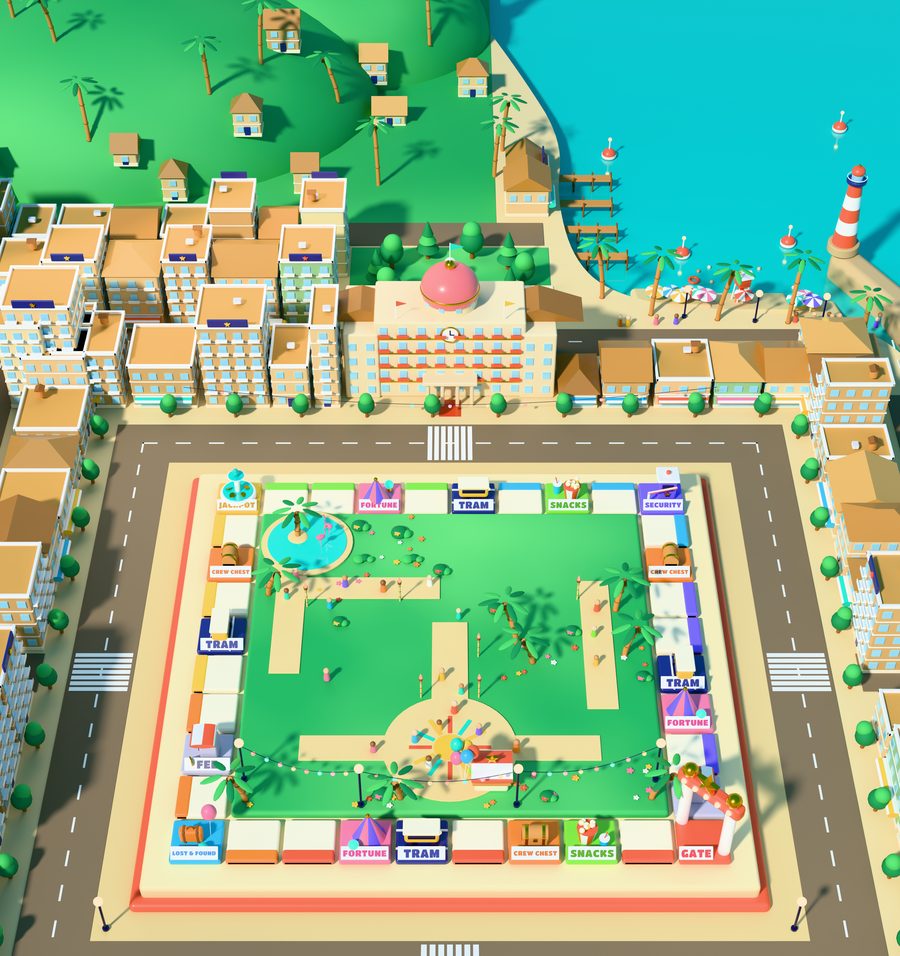 Tiki Bay from above: the board on green grass with palm trees and a lagoon, inside a sandy beach town with palm-covered hills and a turquoise bay with a lighthouse
